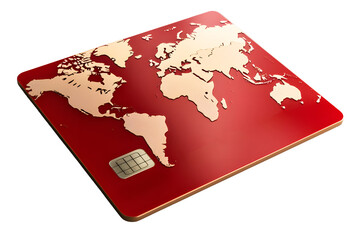 Digital credit card display red. Gold world map pattern isolated on cut out PNG or transparent background. Technology Online card payment for purchases from online stores and online shopping.