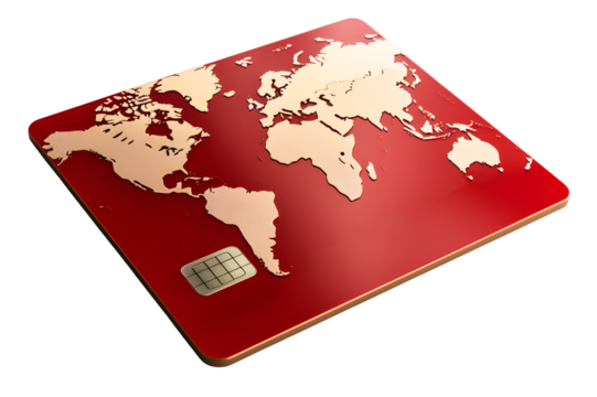 Digital credit card display red. Gold world map pattern isolated on cut out PNG or transparent background. Technology Online card payment for purchases from online stores and online shopping.