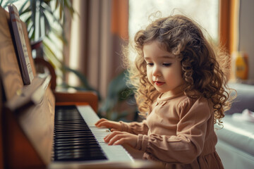 Child playing music on piano at home, creativity and hobby