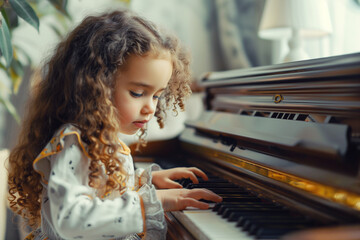 Child playing music on piano at home, creativity and hobby