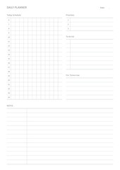 A daily plan design template in a modern, simple, and minimalist style. Note, scheduler, diary, calendar, planner document template illustration.