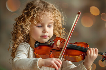 Child little girl playing music on the violin, creativity, hobby