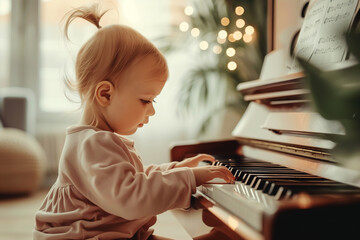 Baby playing music on piano at home, creativity and hobby