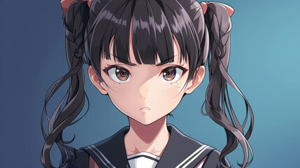 school uniform anime girl character with an annoyed face, pigtailed hair