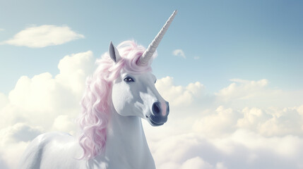 Obraz na płótnie Canvas Adorable unicorn in the sky, isolated against a stark white background