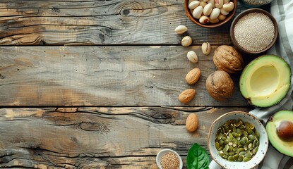 Healthy fats on wooden background