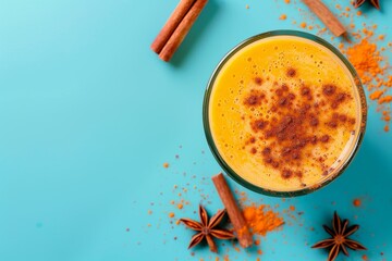 Healthy pumpkin spice smoothie with turmeric and cinnamon on blue background top view