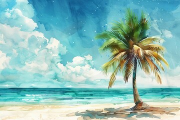 Hand drawn watercolor depicting a palm tree on a tropical beach, using bright pastel colors, summer themed