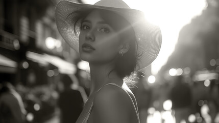 Black and white portrait of a woman in a hat close up on the street in the sunshine in retro style