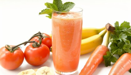 Healthy tomato banana smoothie served in a long glass with almond milk fresh mint leaves carrots and bananas