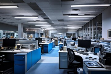 A Cerulean Print and Copy Room in a Modern Office Building, Featuring High-Tech Machines, Organized Workstations, and Bright Lighting