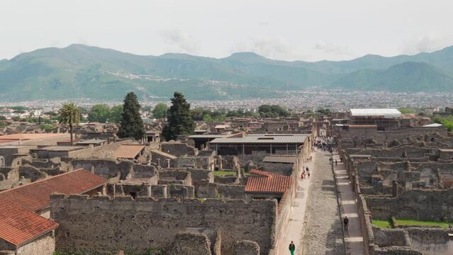 Panoramic view of Pompei, ancient Roman colony buried under the ashes of mount Vesuvius, Italy