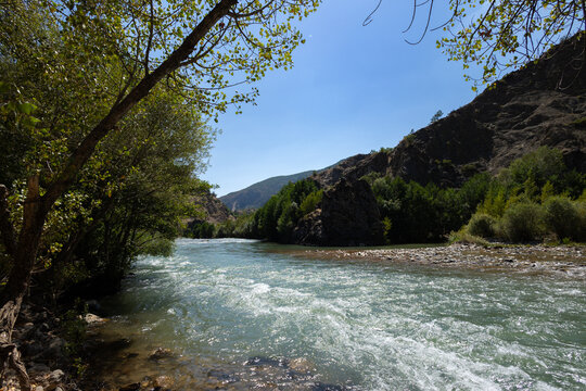 Munzur creek and blue sky at Tunceli for purpose of web and design use