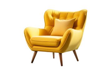 Office leather chair or sofa small yellow with pillow placed isolated on cut out PNG or transparent background. Decorated place in living room or drawing room. Modern interior decoration meeting.