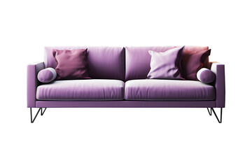 Modern empty purple leather sofa with pillow placed on top isolated on cut out PNG or transparent background. Decoration in living room or drawing room. Modern interior by furniture decor.	