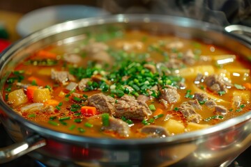 Hearty winter hot pot stew with meat and veggies in rich gravy for a cold day meal