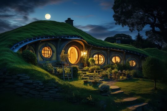 A Magical Evening at the Shire: A Cozy Hobbit House Nestled Amongst Lush Green Hills Under a Starlit Sky
