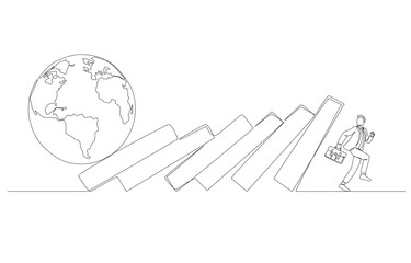 Continuous one line drawing of businessman running away from falling dominoes from earth attack, loss of business due to global recession concept, single line art.