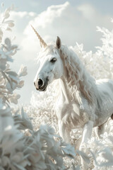 Obraz na płótnie Canvas white glitter unicorn in magical sparkly white and silver crystal landscape, dreamy white color sky, detailed