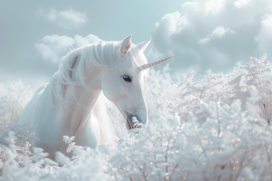 white glitter unicorn in magical sparkly white and silver crystal landscape, dreamy white color sky, detailed