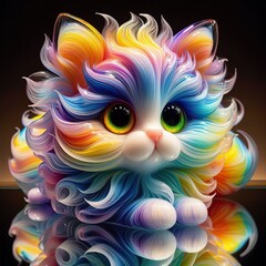 Fototapeta premium A stunning blown glass sculpture of a playful, fluffy kitten with seamlessly blended rainbow colors swirling through its fur