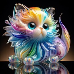 Naklejka premium A stunning blown glass sculpture of a playful, fluffy kitten with seamlessly blended rainbow colors swirling through its fur