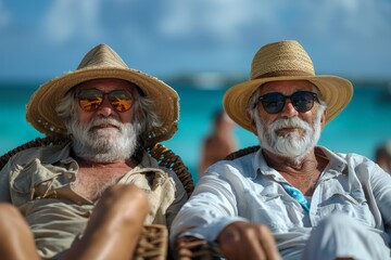 Fototapeta premium Two cheerful senior men wearing straw hats and sunglasses relaxing in wicker chairs on a sunny beach