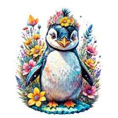 Naklejka premium Penguin Sticker Colorful Penguin Bliss A Bouquet of Joy Surrounds the Cartoon Penguin Sticker on Transparent Background, Adorned with Vibrant Flowers and Rainbow Butterflies - Generative AI 