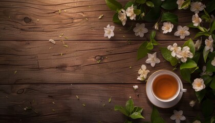 Herbal tea and jasmine flowers on wooden table room for text top view