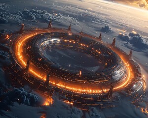 An abstract interpretation of a futuristic space station orbiting the Earth, with sleek, curved architecture and glowing lights illuminating the darkness of space