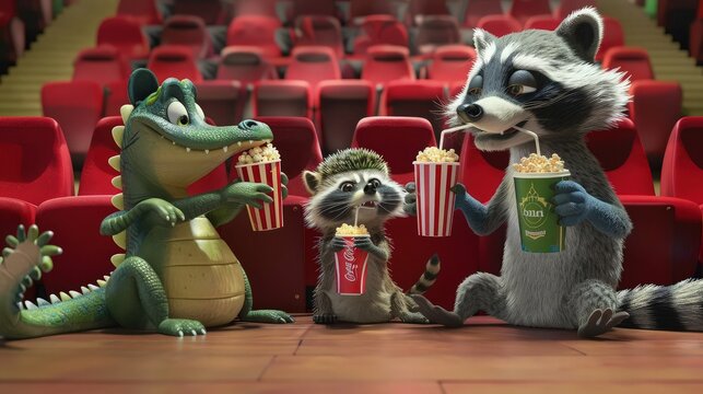 Three group of crocodile and goat  in a night-time forest cinema, each holding a small bag of popcorn, with the moon providing natural lighting for their movie night. 