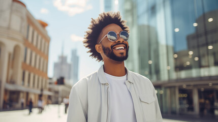 Fashionable portrait of stylish happy laughing black American young man in summer sunny city