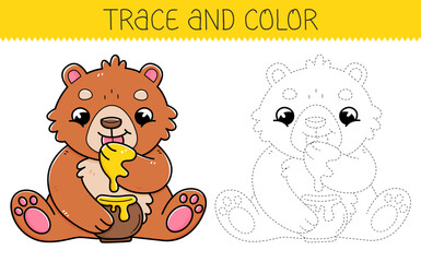 Trace and color coloring book with bear and honey for kids. Coloring page with cartoon bear eating honey. Vector illustration.