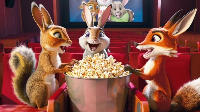 A trio of squirrel and fox and rabbit  in a cozy cinema setting, watching a movie with a bowl of popcorn between them, illuminated by the soft glow of the screen in a dark room.