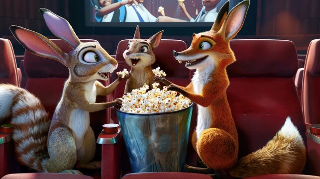 A trio of squirrel and fox in a cozy cinema setting, watching a movie with a bowl of popcorn between them, illuminated by the soft glow of the screen in a dark room.