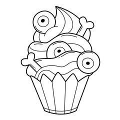 Spooky cupcake with eyeballs and bones coloring book for kids. Halloween cupcake coloring page. Monochrome black and white illustration. Vector children's illustration