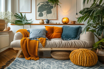 A cozy living room with a mustard yellow rug, sofa, and pillows. There are plants, a gray coffee table, and patterned pillows on the sofa. The walls are white and there is a gray lamp on the shelf.