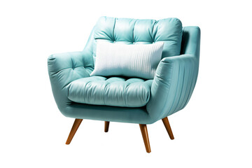 Office leather chair or sofa small light blue with pillow placed isolated on cut out PNG or transparent background. Decorated place in living room or drawing room. Modern interior decoration meeting.