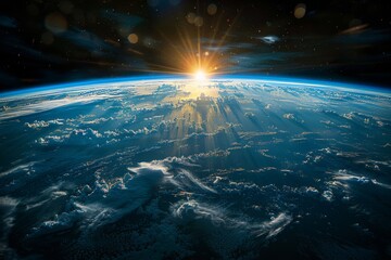 This view from space shows the Earth from a distance with sunlight