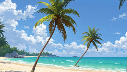 Sandy beaches with palm trees swaying in the breeze.