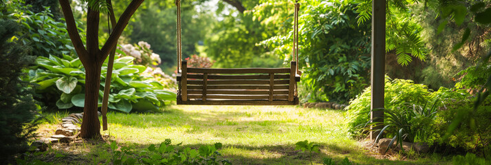A tranquil and scenic garden view featuring a wooden swing hanging from a sturdy branch, surrounded by lush greenery