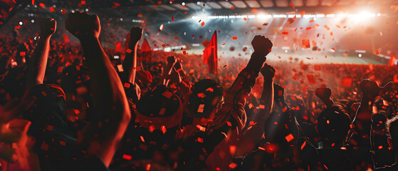 Happy Sport Emotional Football Fans on big stadium tribune. 