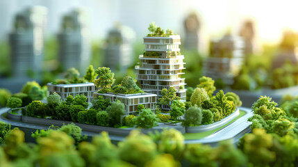 A miniature model of a green city with trees and plants