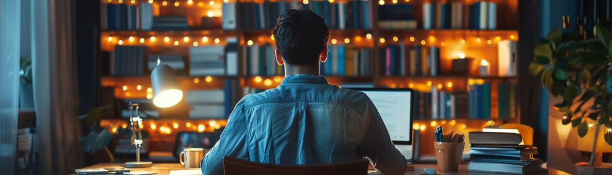 A man sits at his desk, illuminated by the warm glow of a lamp and surrounded by books.