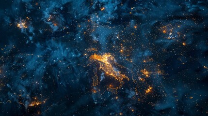 A satellite view of the Earth at night showcasing a continent lit up with city lights, highlighting...