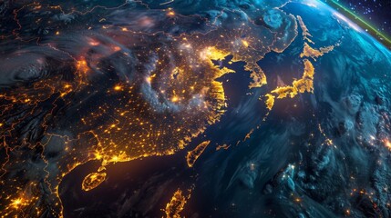 This image depicts a satellite view of Earth at night, highlighting the illuminated cityscapes across North America, showcasing the urbanization and electricity usage patterns.