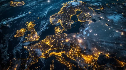 Satellite view of Europe at night showing city lights highlighting the denseness of population and the spread of urban areas across the continent.