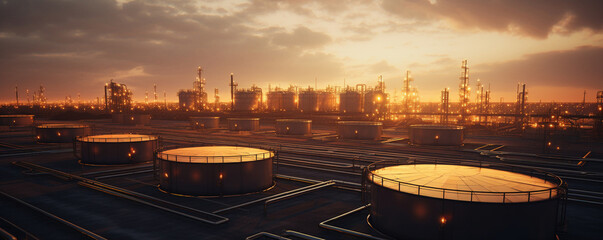 Naklejka premium Oil production plant station under morning sun near the city