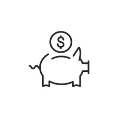 Piggy Bank icon. Simple line drawing of a piggy bank with a coin being inserted, representing savings, financial security. A classic symbol used in personal finance and banking. Vector illustration