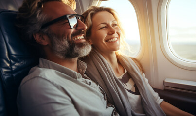 Happy smiling couple is flying in an airplane, travel relax and recharge.
